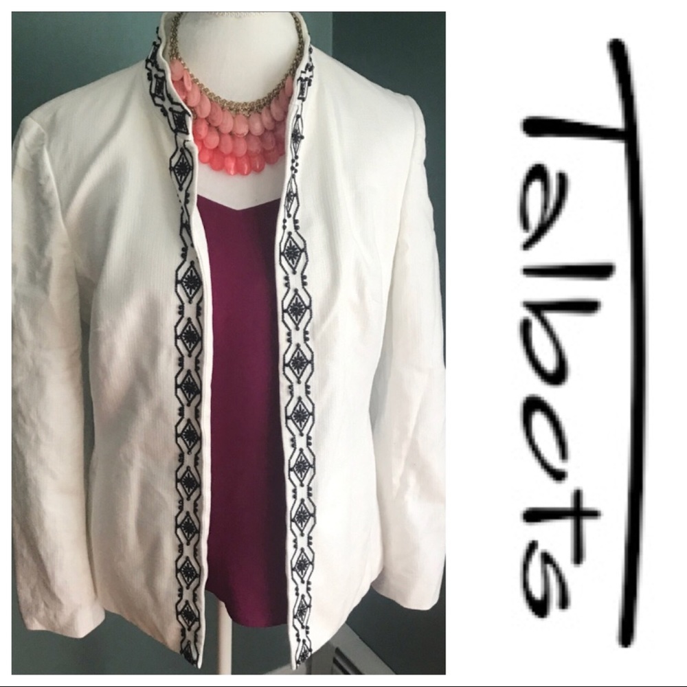 Talbots white blazer with black trim